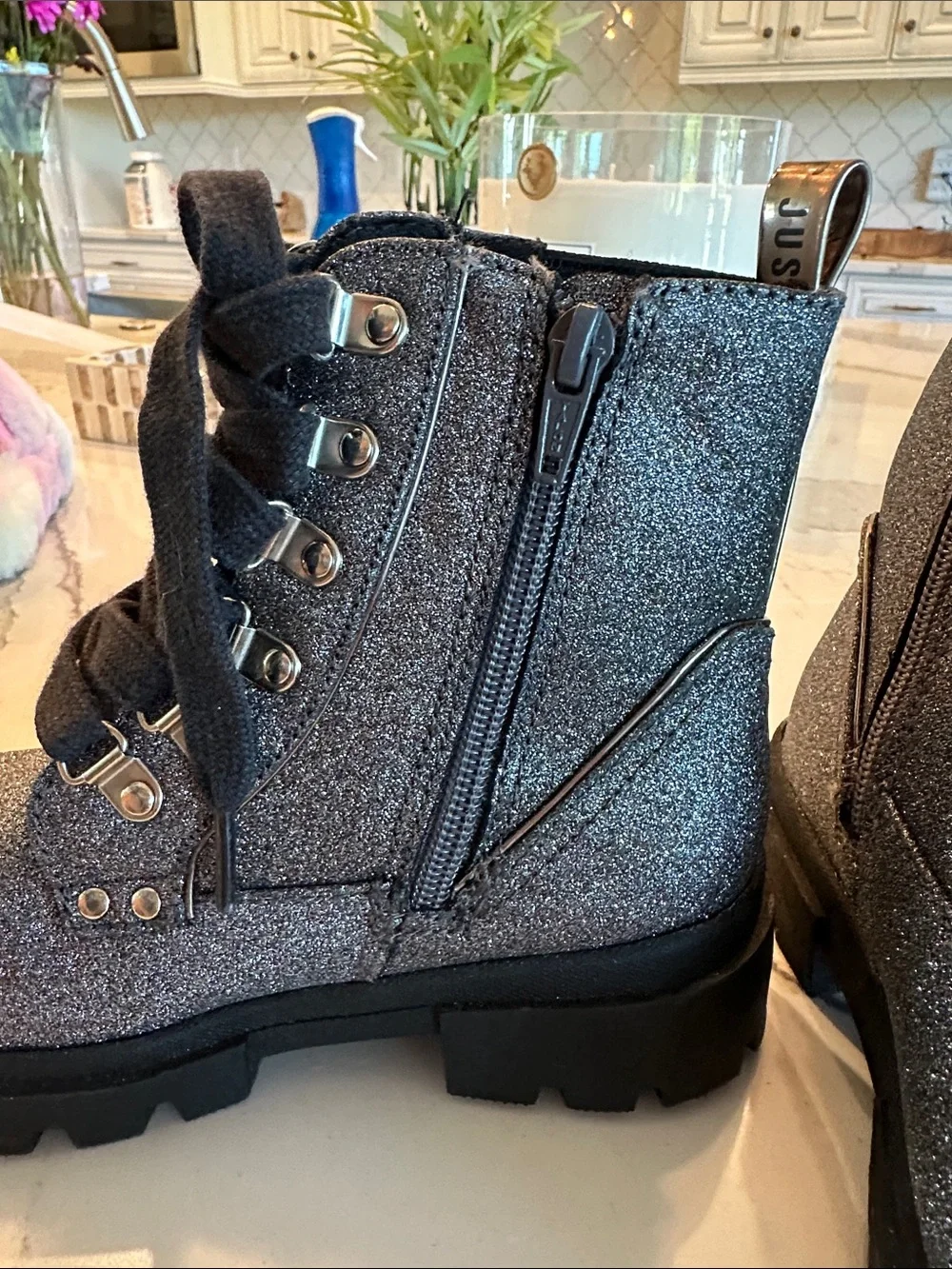 Justice Glitter Lace-Up Combat Boots - Silver